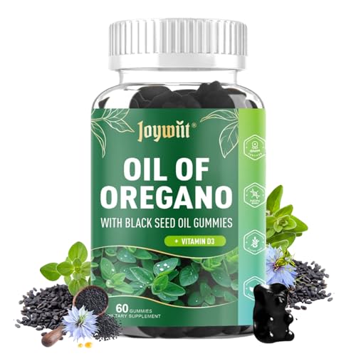 Oregano Oil Gummies 300mg | Oil of Oregano with 200mg Black Seed Oil + D3 1000IU | Organic Oregano Chewable Supplements | Carvacrol + Thymoquinone | Vegan, Non GMO | Immune & Gut Support | 60 Cts