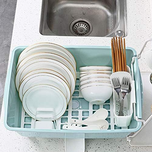 Kitchen Portable Drain Rack with Rotatable Nozzle, Plastic Cutlery Rack with Lid, Heat-resistant and Non-slip