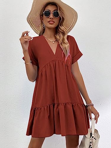 Image of WDIRARA Women's Roll Up Short Sleeve V Neck Ruffle Hem Solid Swing Smock Dress