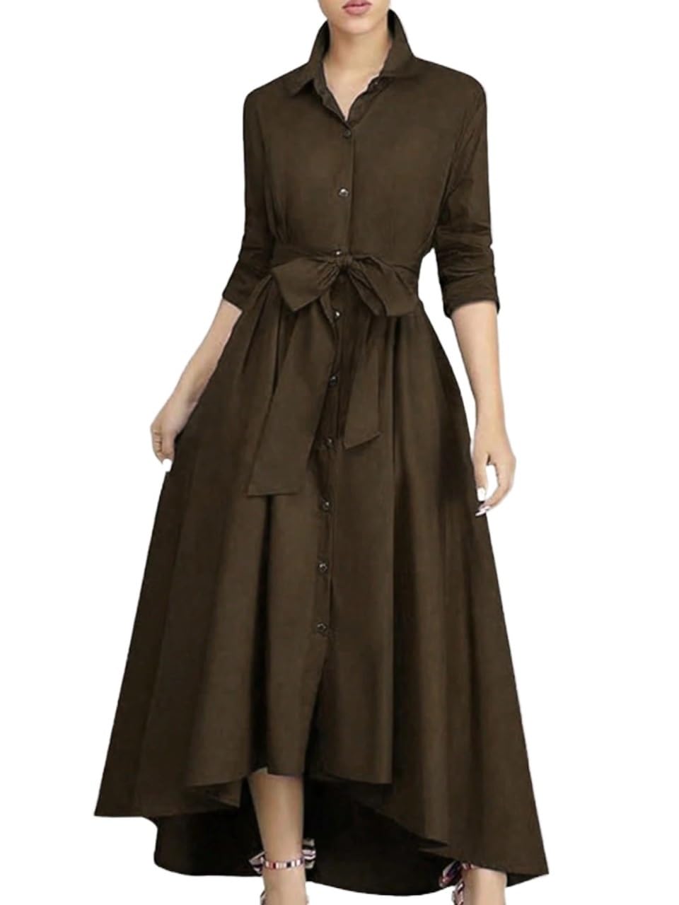 Womens Long Sleeve Solid Color Knotted Waist A-Line Dress Maxi Long Dresses