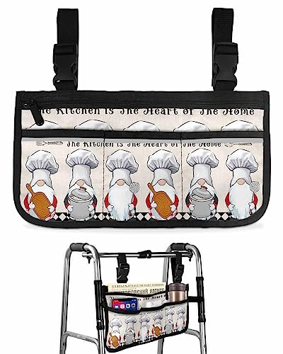 Kitchen Chef Gnomes Wheelchair Side Bag Walker Bag, Vintage Black Plaid Wheelchair Accessories Armrest Pouch, Organizer Storage Bag for Walkers, Rollators, Scooters, 7.3''x13''