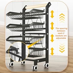 4 Tier Kitchen Snack Cart with Wheels–Versatile Rolling Storage Cart for Pantry Utility Rooms–Adjustable Metal Wire Fruit Vegetable Basket Rack Black with wooden cart handle 4 Tier