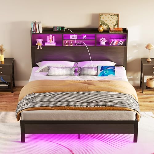 Image of Rolanstar Full Bed Frame with Storage Headboard & Side Shelf, Metal Platform Bed with Charging Station, LED Bed Frame, No Box Spring Needed, Easy Assembly, Noise-Free, Black