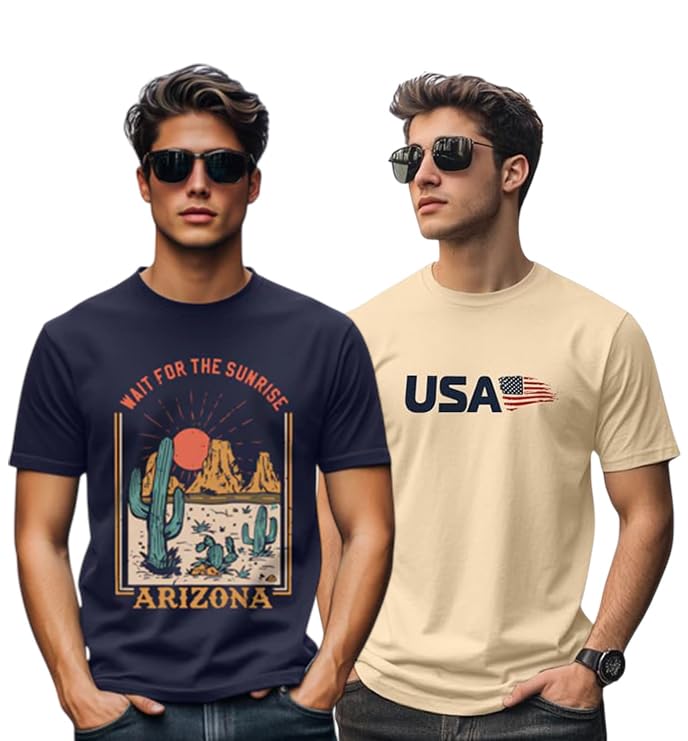 Image of Veirdo 100% Pure Cotton Regular Fit Cool & Trendy Front Printed Half Sleeve T-Shirt Combo for Men (Available Colors: Black, Navy, Swanwhite, White & Green)