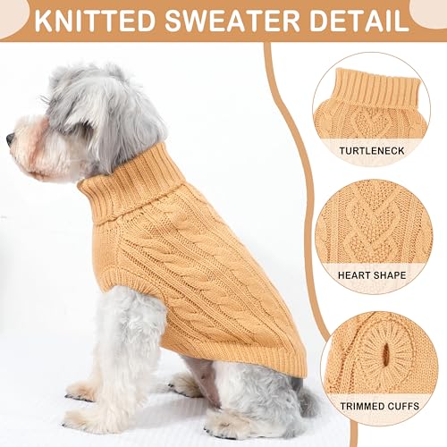 Image of Dog Sweaters Small Dog Clothes for Winter Solid Knitted Puppy Sweater Warm Pet Cat Sweater Doggy Pullover Outfit with Heart-Shape Design(Light Brown, Medium)