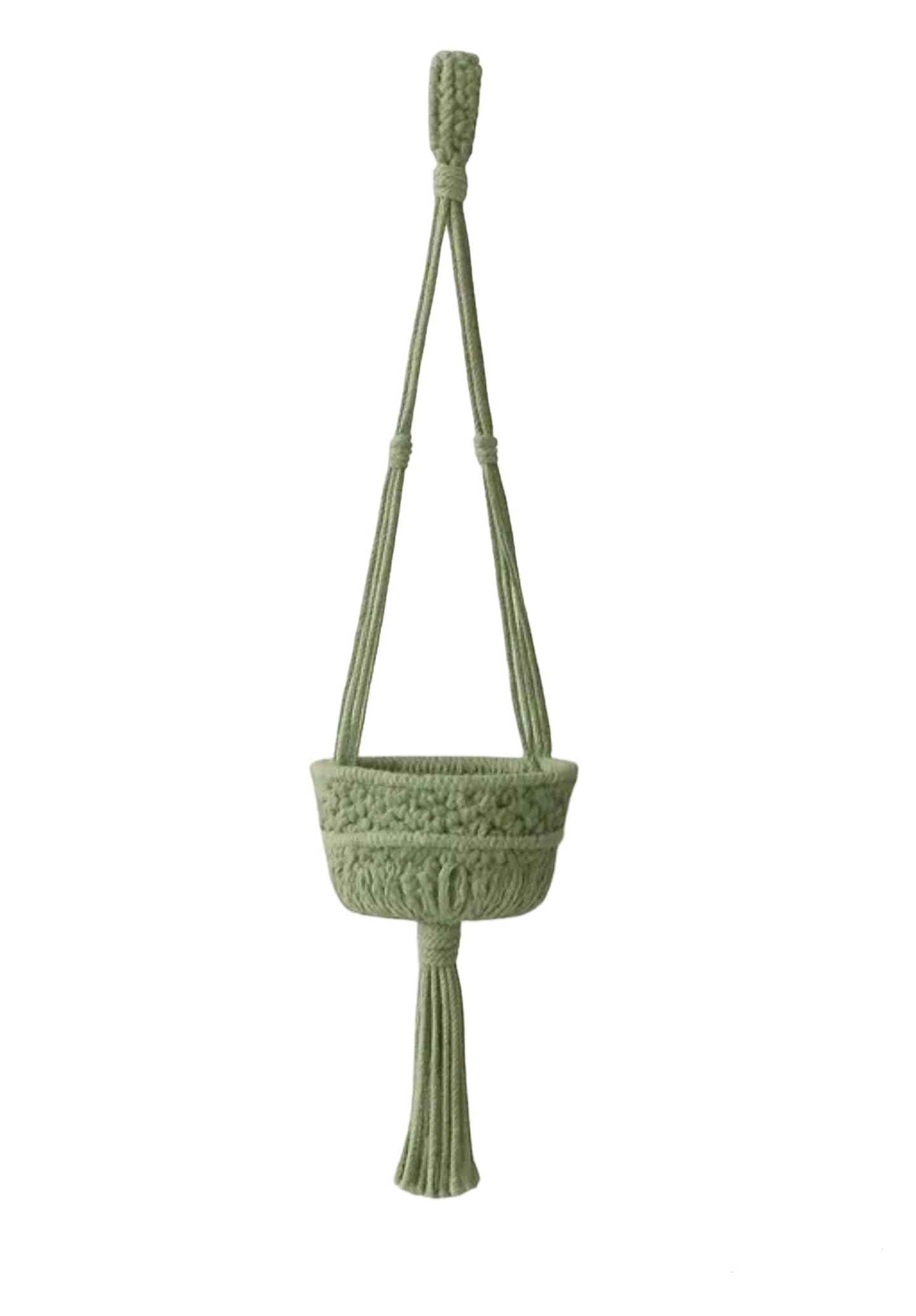 Suspension plante macramé coton vert sauge avec pompon boho