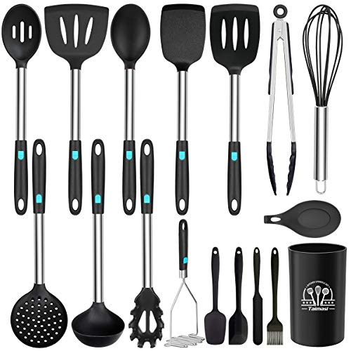 Silicone Cooking Utensils Set, 17Pcs Kitchen Utensils Set, Heat Resistant Non-stick BPA Free Silicone Cookware with Stainless Steel Handle Turner Spatula Spoon Tongs Set