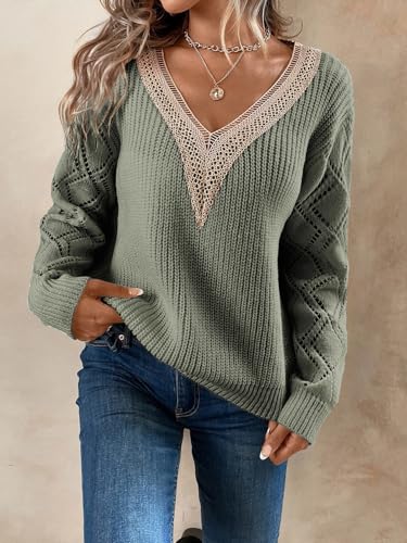 Image of SOLY HUX Women's Contrast Lace Sweater V Neck Long Sleeve Drop Shoulder Pointelle Knit Pullover Tops Plain Mint Green Large