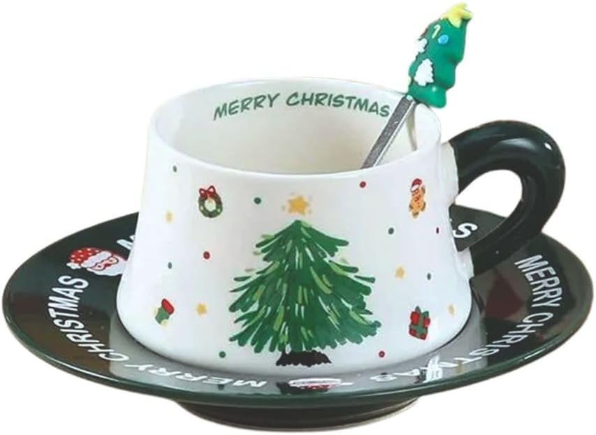 Little Surprise Box, Minimal Christmas Tree Ceramic Cup & Saucer with 3D Christmas Tree Spoon Gift Box Set