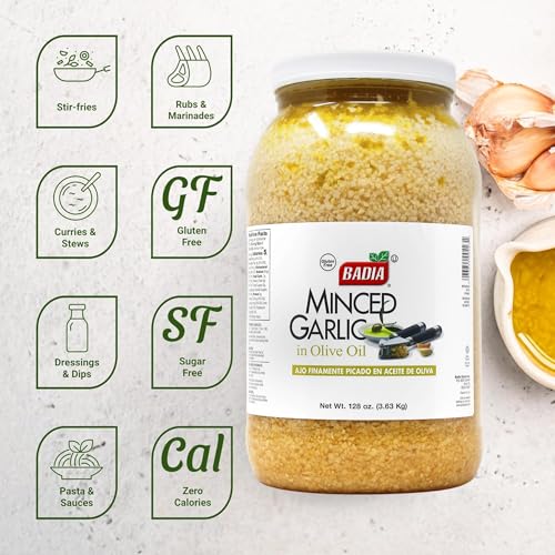 Image of Badia Minced Garlic in Olive Oil, 128 oz (8 Pound) - Fresh Minced Garlic, Bold Flavor for All Purpose Cooking, Gluten Free