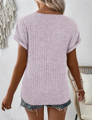 كوسكاكي بلايز نسائية قصيرة الاكمام بسحاب، بلوزة نسائية محبوكة سادة كاجوال للربيع والصيف S-XXL، زهري، L