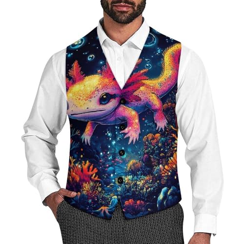 Colorful Axolotl Men's Formal Suit Vest for Business Formal Or Casual Dress Waistcoat Wedding