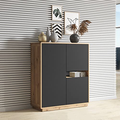 Lomadox Highboard modern Wohnzimmer inkl. LED Beleuchtung in Taurus Eiche Nb. mit Absetzungen in schwarz matt, B/H/T: ca. 121/126/40 cm