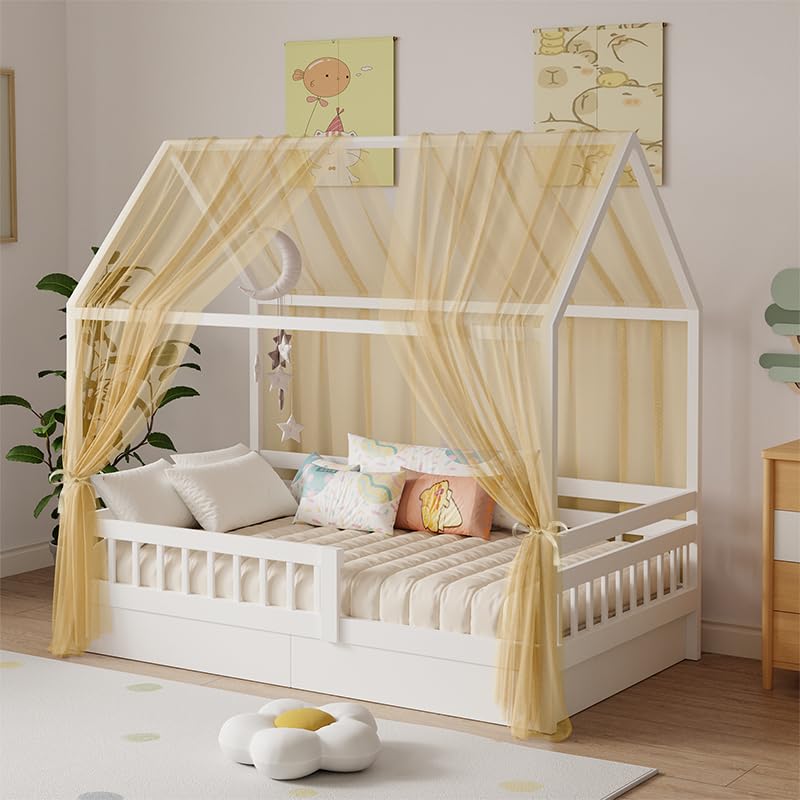 Zdada Hausbett Himmel Set, 2 Stück Betthimmel Babybett für Hausbett Deko, Bett Vorhang für Mädchen Jungen Kinderbett Kinderzimmer Deko,150 x 350 cm Khaki