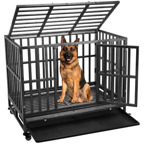 42 Heavy Duty Indestructible Dog Crate with Lockable Wheels,High Anxiety Indoor Dog Crate with Removable Trays,Escape and Chew-Proof Dog Kennel for Large Dogs, Collapsible Dog Crates XL XXL Cover