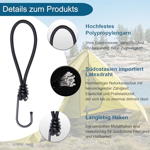 JunGG Expander mit Haken 12 Stück - Spanngummi mit Haken - 20cm Planenspanner mit Haken Schwarz Gummispanner für Plane Netze Zelte Anhängerplane Banner