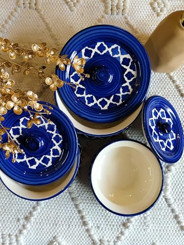 Image of Niyara Premium Handcrafted Ceramic Casserole /Donga Set with Lids | Serving Bowls for Hot Food | Microwave & Dishwasher Safe | Set of 3 (1000ML, 650ML, 550ML) | Moroccan Blue