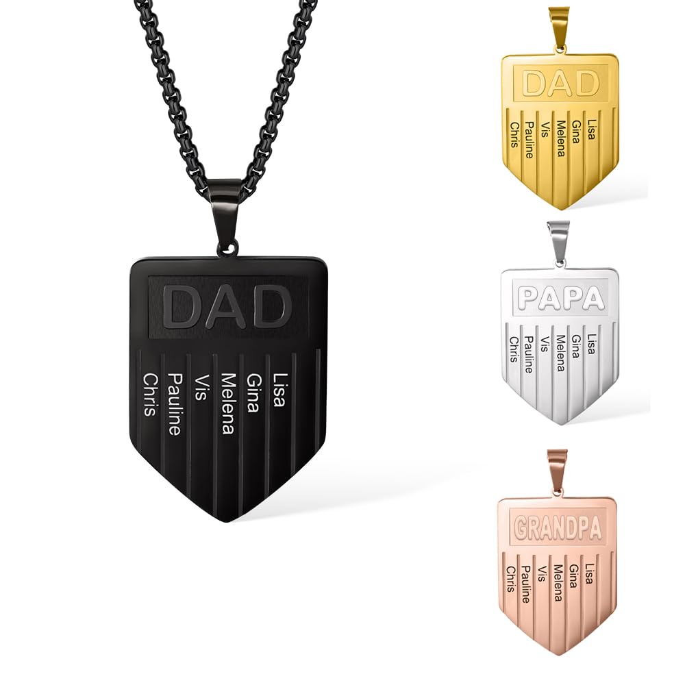 Ailin Shield Shape Dad Necklace With Names - Stainless Steel Custom Grandpa & Father's Day Necklace - 4 Colors
