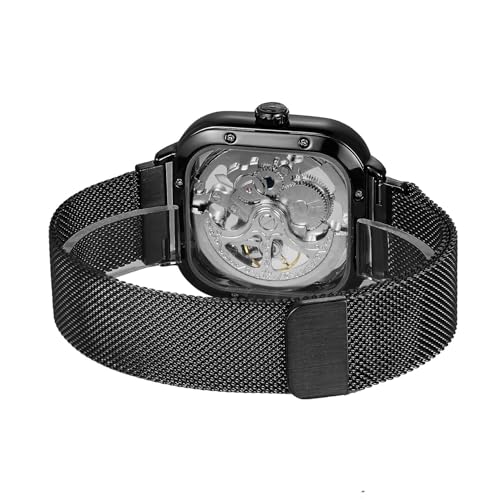 Image of Luxury Automatic Mechanical Watch, Square Skeleton Dial, Stainless Steel Mesh Band, Self-Winding Movement, Classic