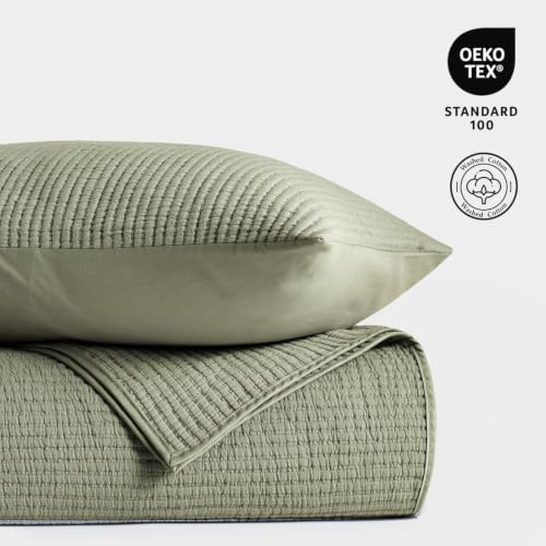 Image of EVERGRACEHOME Cotton Ribbed Matelasse Coverlet Set, King, Dried Sage | Soft Lightweight Bedspread, 3 Pieces, Breathable Cozy Oversized Quilted Bedding Set for All Seasons, with 2 Pillow Shams