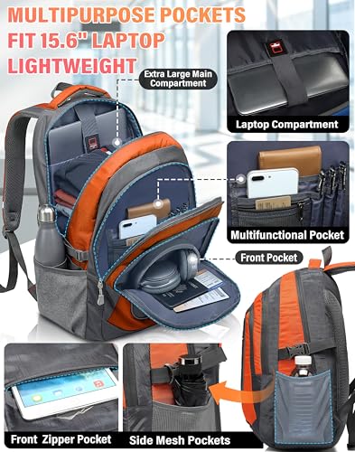 Image of ProEtrade Backpack Bookbag for College Sturdy Travel Business Hiking Fit Laptop Up to 15.6 Inch Multi Compartment Gifts for Men Women Night Light Reflective (Orange)