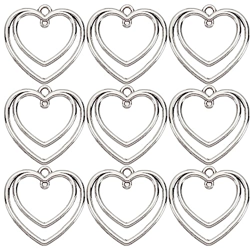 SUNNYCLUE 1 Box 50Pcs Heart Connector Charms Double Heart Charms Open Bezel Charme Love Charm Pressed Flower Blank Frame Hollow Charm Connectors for jewellery Making Charme Resin Work Antique Silver