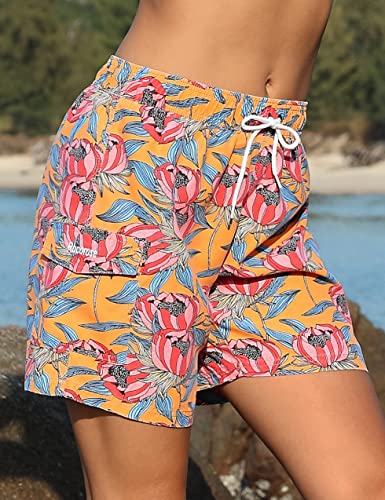 Rocorose Women Quick Dry Swimwear Trunks Water Wicking Sports Board Shorts With Soft Briefs Inner Lining Floral Yellow M #TOP4