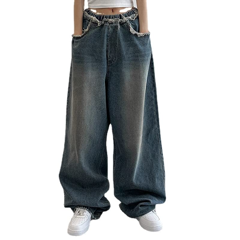 Women Goth Punk Washed Raw Edge Baggy Jeans Emo Alternative