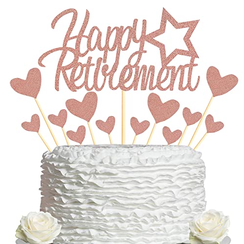 Sumerk Roségold Glitzer Happy Retirement Kuchendeckel Retired Theme Kuchendekorationen Set mit Herz Cupcake Topper Partydekorationen Zubehör - Packung mit 13 Cover