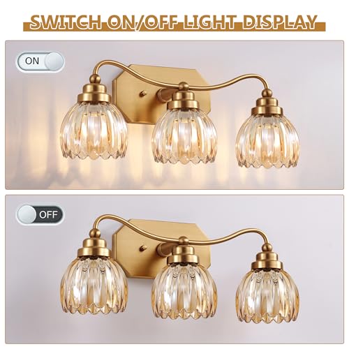 Image of Vintage Bathroom Light Fixtures, 3 Light Gold Bathroom Vanity Light, Matte Antique Brass Finish with Amber Crystal Glass Shade, Wall Sconces Lighting for Bedroom, Living Room（Amber-colored Glass）