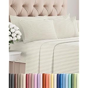 Queen 6 Piece Bed Sheet Set - Breathable & Cooling Sheets - Beige Stripes