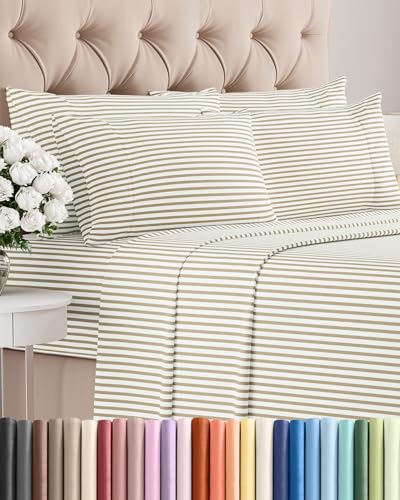 Image of Cal King 6 Piece Bed Sheet Set - Soft, Breathable & Cooling - Beige Stripes | Ultra-Soft Hotel Luxury Bedding Set with 8-16 Inch Deep Pockets, 1 Flat & 1 Fitted Sheet & 4 Pillowcases, Wrinkle & Fade Free