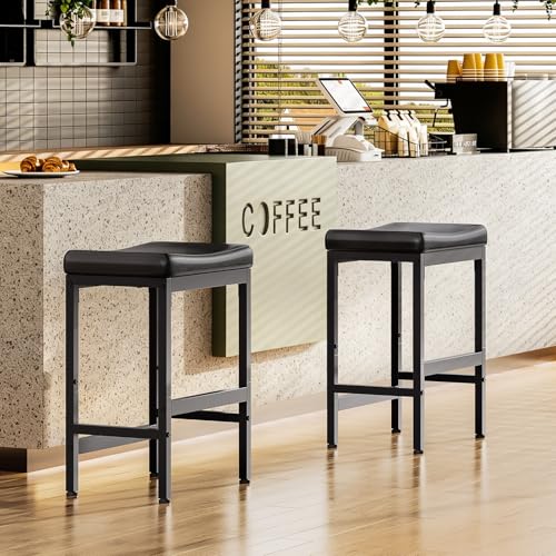 Image of RALGEND Bar Stools Set of 2, Compact Counter Height Stools, 24 inch Saddle Barstools with Curved Surface, Kitchen Breakfast Stools with Footrest, Thick Upholstery, for Dinning Cafe, Black 6801BYP2BB