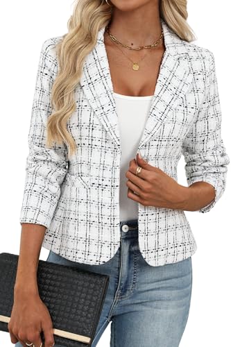 ELLEVEN Womens Blazer Business Casual Suit Jackets Tweed Blazers for Women Slim Fit Fitted Outfits Long Sleeve Stand Collar Blazer Dressy Coat Cardigan with Padded Shoulder White Large