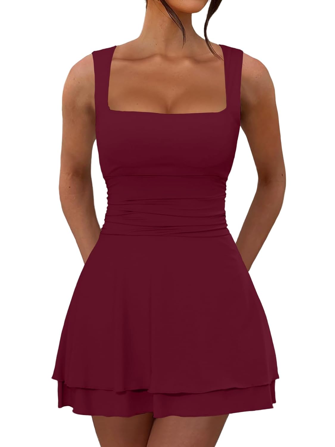 Womens Ruffle Hem Square Neck Mini Dress Sleeveless Ruched Waist Short Formal Party Dresses