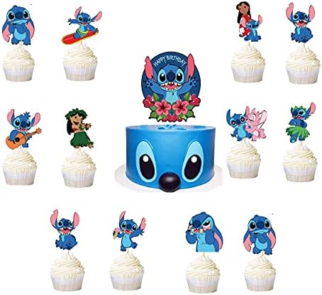 21pcs Blue Cartoon Pet Cupcake Toppers for Lilo & Stitch Party -Hawaiian Tropical Summer Sea Beach Cupcake Toppers For Boys Girls Birthday Party
