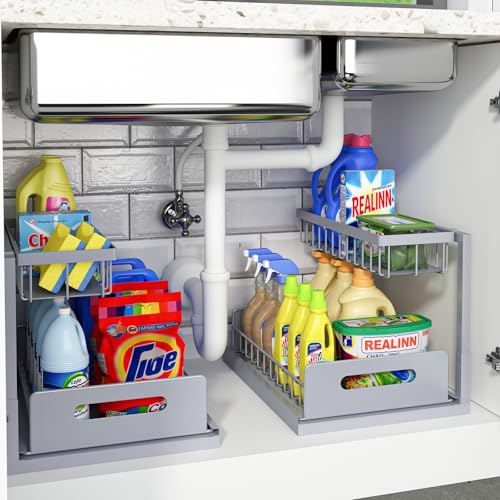 REALINN Under Sink Organizer, Pull Out Cabinet Organizer 2 Tier Slide Out Sink Shelf Cabinet Storage Shelves, Storage for Kitchen Bathroom, Grey, 2 Pack