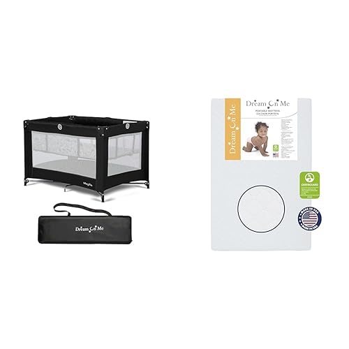 Dream On Me Zazzy - Corral portátil con moisés en negro y acebo portátil de fibra de 3 pulgadas, certificado Greenguard Gold, funda de vinilo