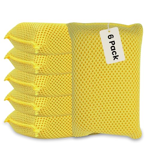Iconikal 6-Pack Bug Scrubber Sponge 5.9x3.5-Inch Yellow Microfiber Large Car Wash Reusable for Paint Chrome Glass RV Motorcycle Cleaning