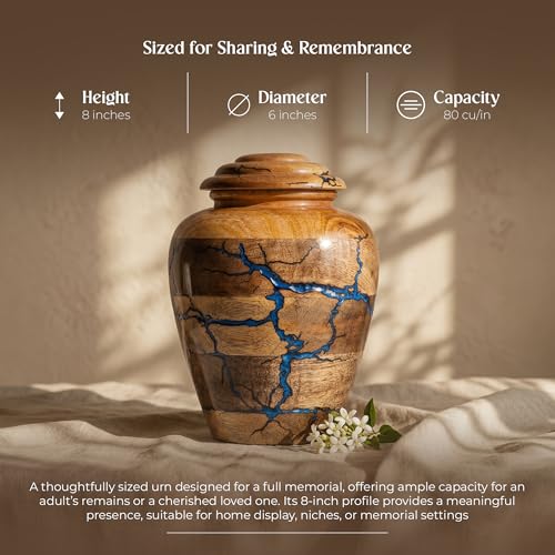 Image of Wooden Cremation Urns for Human Ashes - 80 Cubic Inches Funeral Memorial Urn for Adult Women & Men - Blue Decorative, Burial Urn for Male or Female Memorial Display