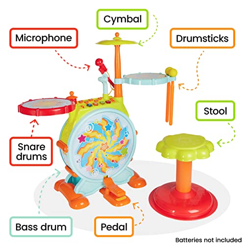 Prextex Kids Drum Set - Toddler Drum Set Includes Toy Microphone, Adjustable Sound Bass, Electric Drums & Drum Sticks (For Ages 3-6) #TOP2