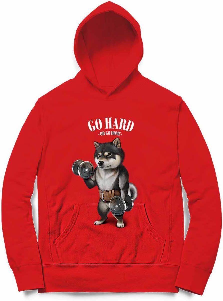 [Fox Republic] 柴犬 しばいぬ ダンベル 筋トレ 筋肉 ジム キッズ パーカー スウェット レッド 120cm