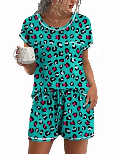 Image of Ekouaer Womens Pajama Sets 2 Piece Soft Short Sleeve Top and Shorts Sleepwear Round Neck Pjs Lounge Set with Pockets