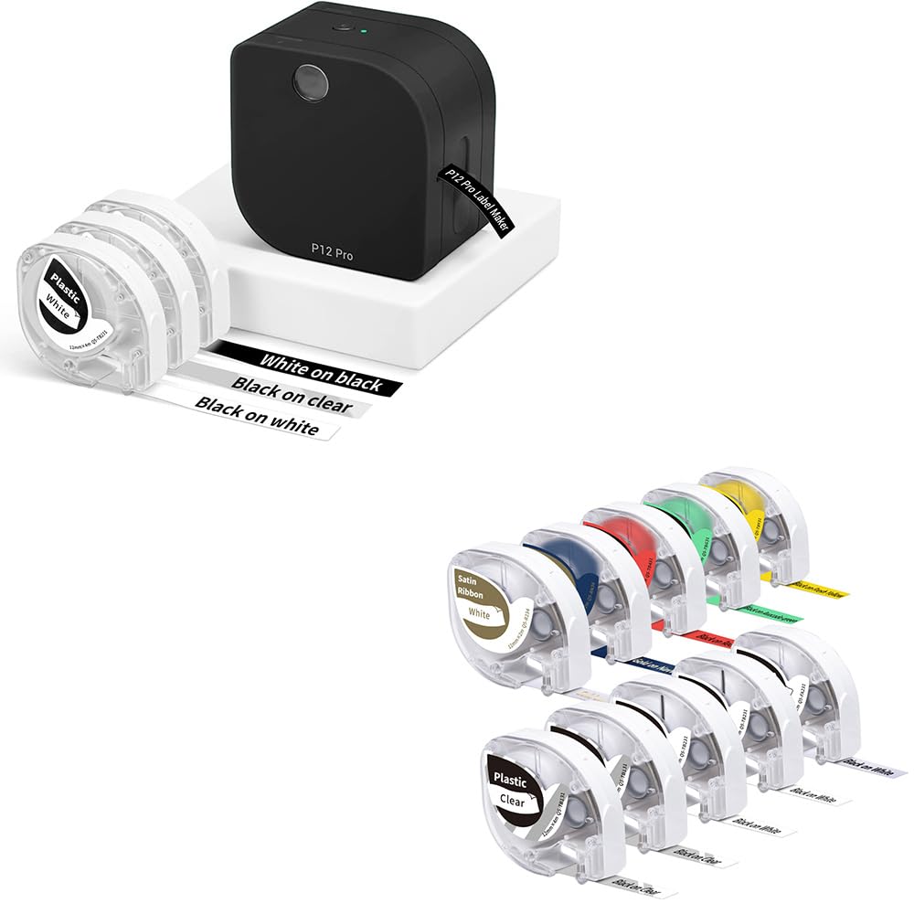 Phomemo P12 Pro Etikettiergerät Set mit 13 Schriftbändern, Bluetooth Beschriftungsgerät & Etiketten-Bundle (Satinband, Aufbügel, Kunststoff), Thermotransfer Label Printer für Schule, Küche, Garten & G