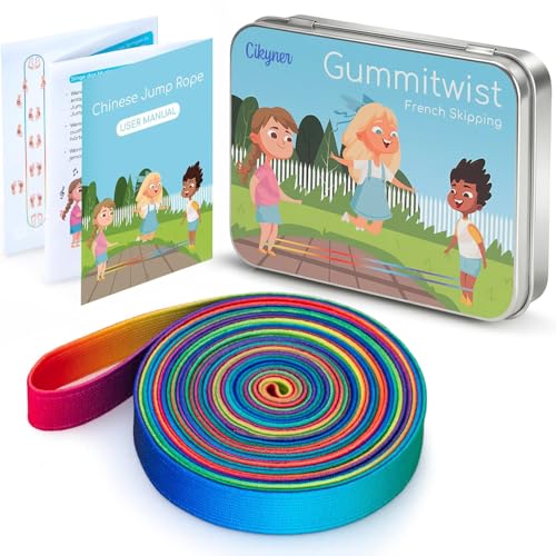 Cikyner Gummitwist Kinder Set，Hüpfgummi 4m lang 1.5cm weit Gummi Twist mit Anleitung Polyester-Latex Regenbogen Band für Kinder Hüpfspiele drinnen und draußen, Mädchen & Jungs
