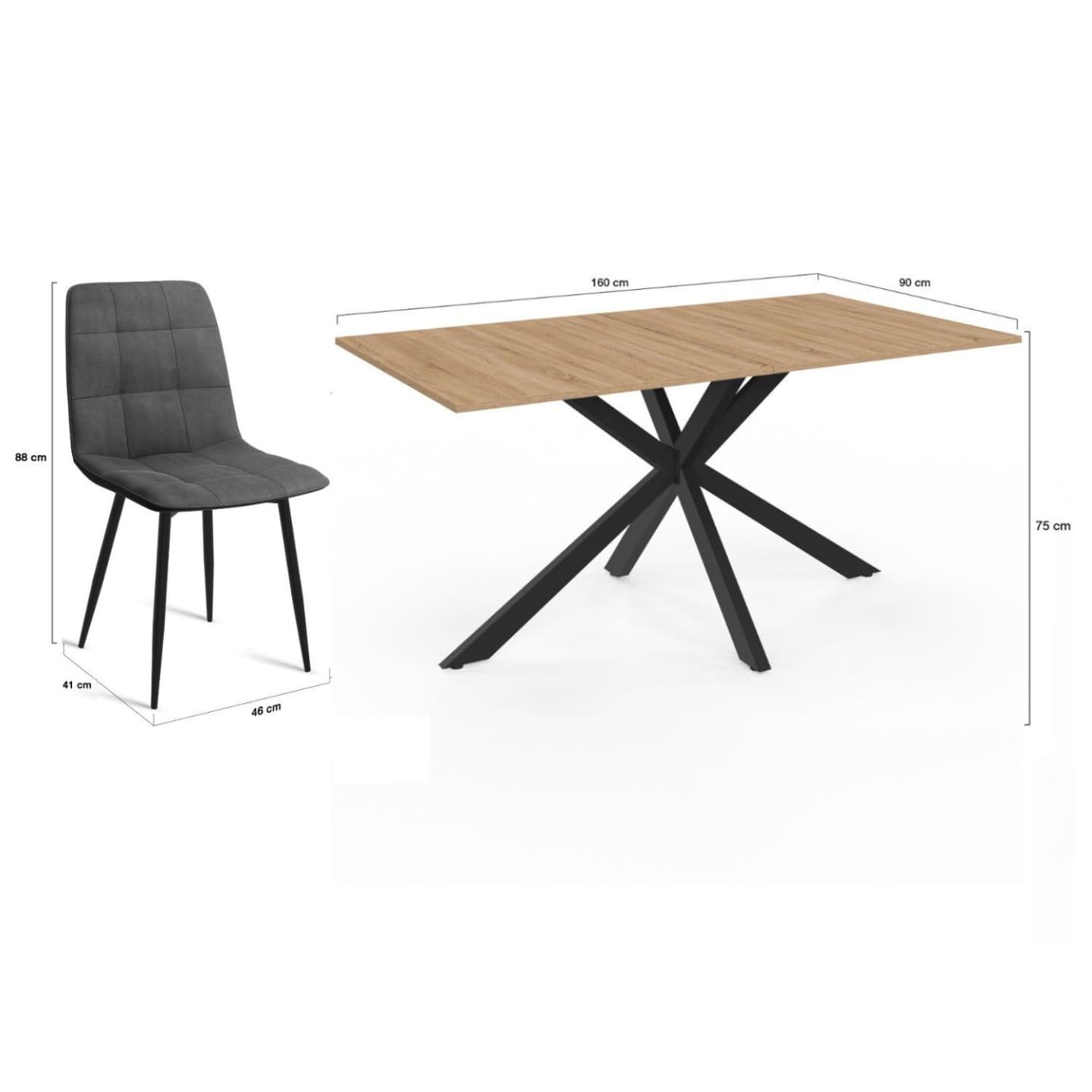 Ensemble Table à Manger Rectangle Alix 160 cm Bois Noir 6 Chaises Mila Velours Gris foncé