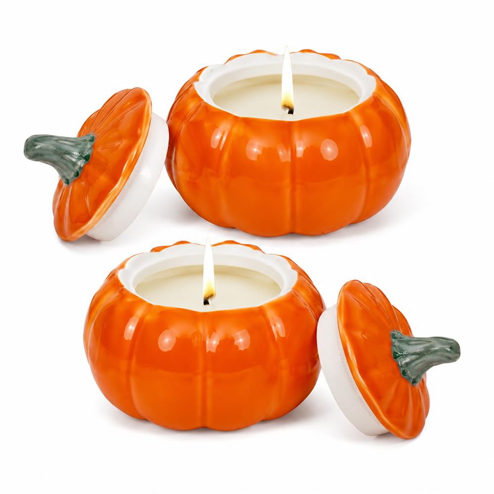 Pumpkin Spice Candle, 2 PCS Ceramic Pumpkin Candles, Natural Soy Wax