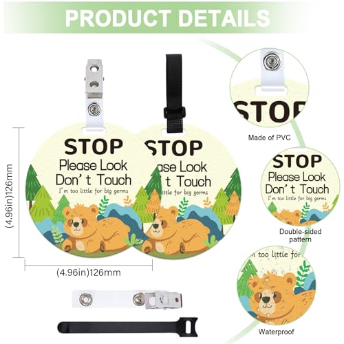 ORIGACH 2 Pack Stop Please Look Don't Touch Baby Signs, Forest Bear No Touching Baby Car Seat Sign or Stroller Tag with Hanging Strap and Clip, No Touching Baby Carrier Tag for Preemie Newborn