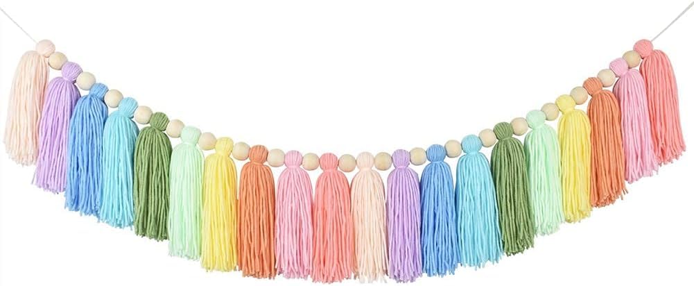 Cotton Tassel Garland Pastel Banner, Girls Bedroom Accessories, Colorful Party Backdrop Decorative Wall Hangings Llama Decorations for Bedroom,Nursery Dorm Room,Baby Shower, Home Decor Gift