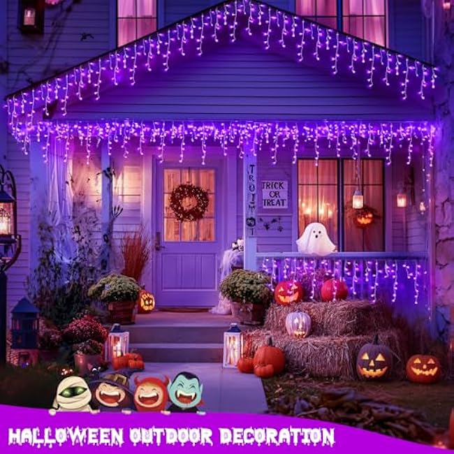 JMEXSUSS Purple Halloween Lights Outdoor, 800 LED Purple Icicle Lights Outdoor Waterproof, 8 Modes String Light Plug in for Fireplace Tree Garden Patio Halloween Decor
